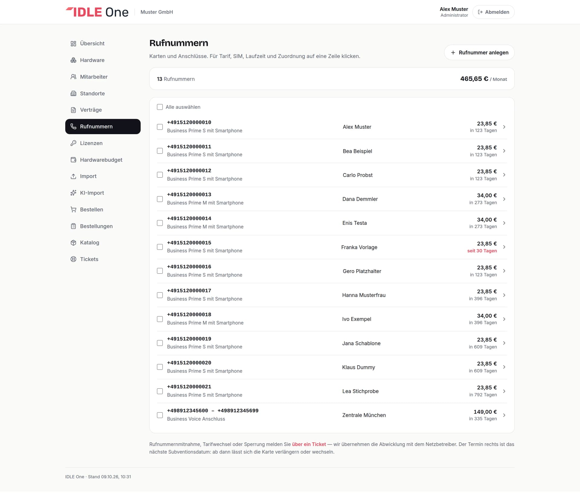 Rufnummernliste mit Tarif, Nutzer, Monatspreis und Resttagen bis zum nächsten Subventionsdatum